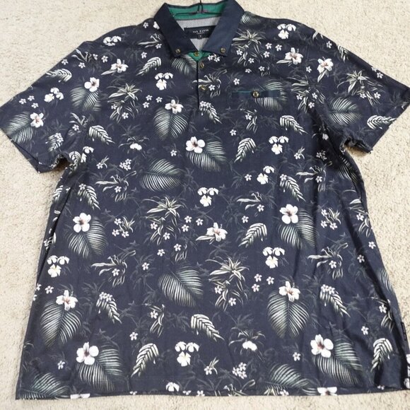 Ted Baker Polo Shirt 2XL Blue Floral All Over Print Button Down Pocket - Picture 2 of 8